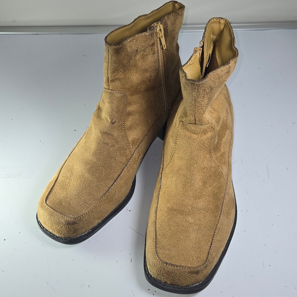 Predictions Tan Suede Square Toe Ankle Boots Block Heel Side‎ Zip Women Size 8M
